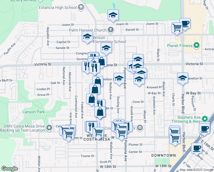 map of restaurants, bars, coffee shops, grocery stores, and more near 2077 Wallace Avenue in Costa Mesa