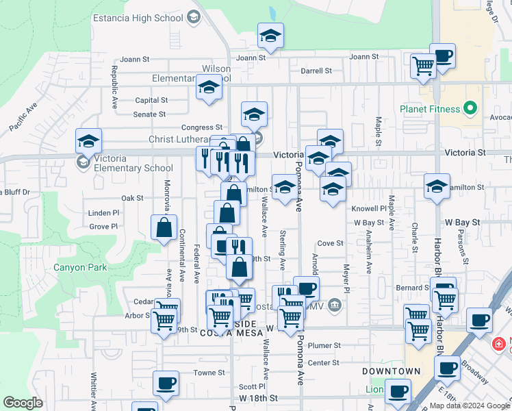 map of restaurants, bars, coffee shops, grocery stores, and more near 2077 Wallace Avenue in Costa Mesa