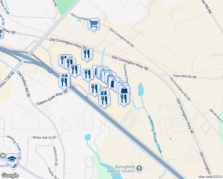 map of restaurants, bars, coffee shops, grocery stores, and more near 1540 Dogwood Drive Southeast in Conyers