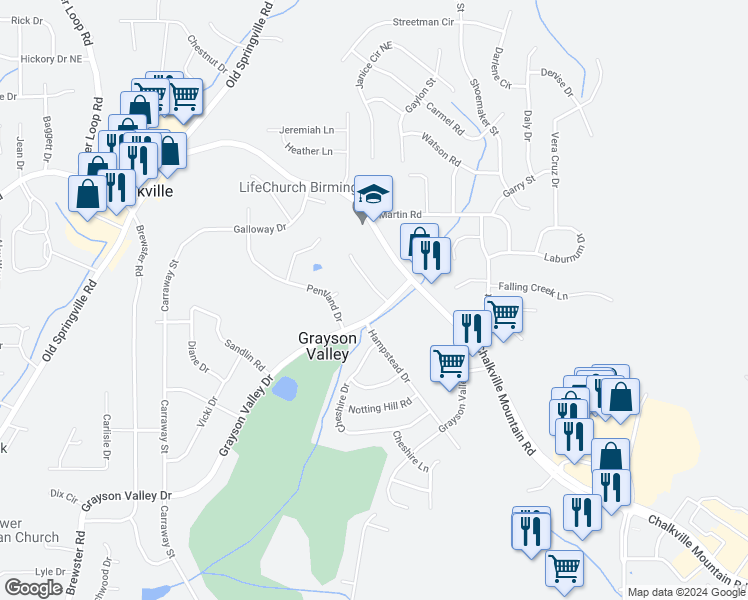 map of restaurants, bars, coffee shops, grocery stores, and more near 2314 Grayson Valley Circle in Birmingham