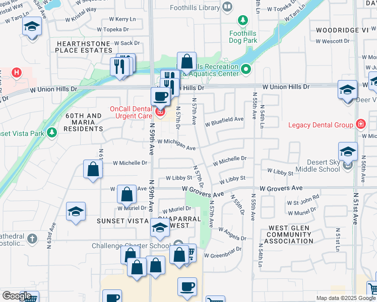 map of restaurants, bars, coffee shops, grocery stores, and more near 5719 West Michigan Avenue in Glendale