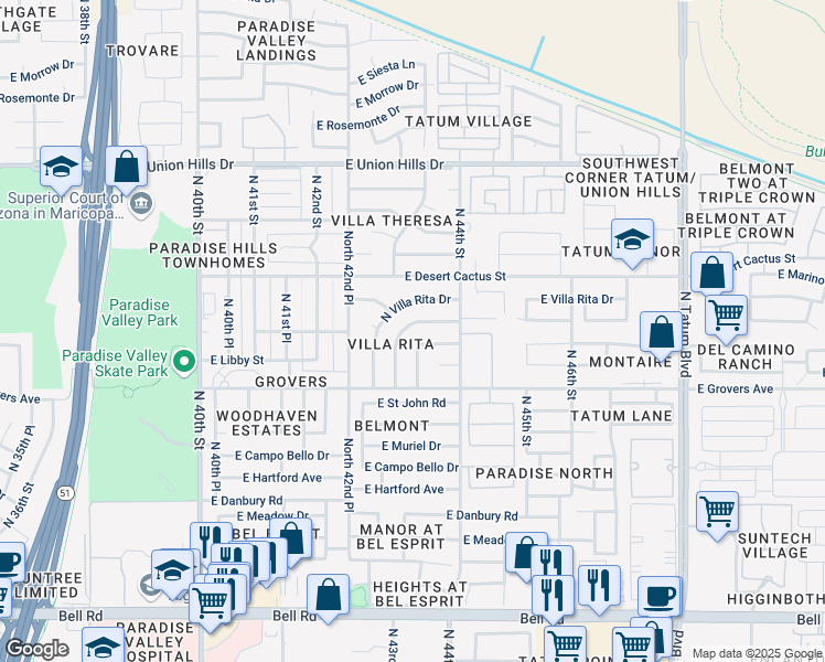 map of restaurants, bars, coffee shops, grocery stores, and more near 18001 North 43rd Place in Phoenix