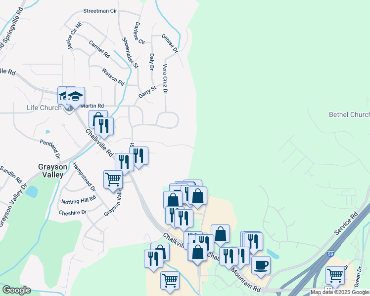 map of restaurants, bars, coffee shops, grocery stores, and more near 5253 Falling Creek Lane in Birmingham