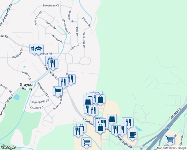 map of restaurants, bars, coffee shops, grocery stores, and more near 5249 Falling Creek Lane in Birmingham