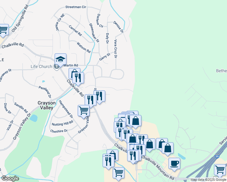 map of restaurants, bars, coffee shops, grocery stores, and more near 5139 Falling Creek Lane in Birmingham