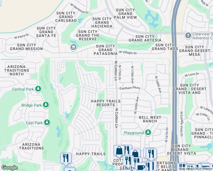 map of restaurants, bars, coffee shops, grocery stores, and more near 18201 North Pat Brady in Surprise