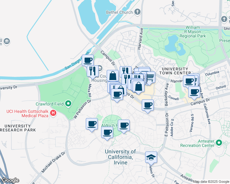 map of restaurants, bars, coffee shops, grocery stores, and more near 113 Pereira Drive in Irvine