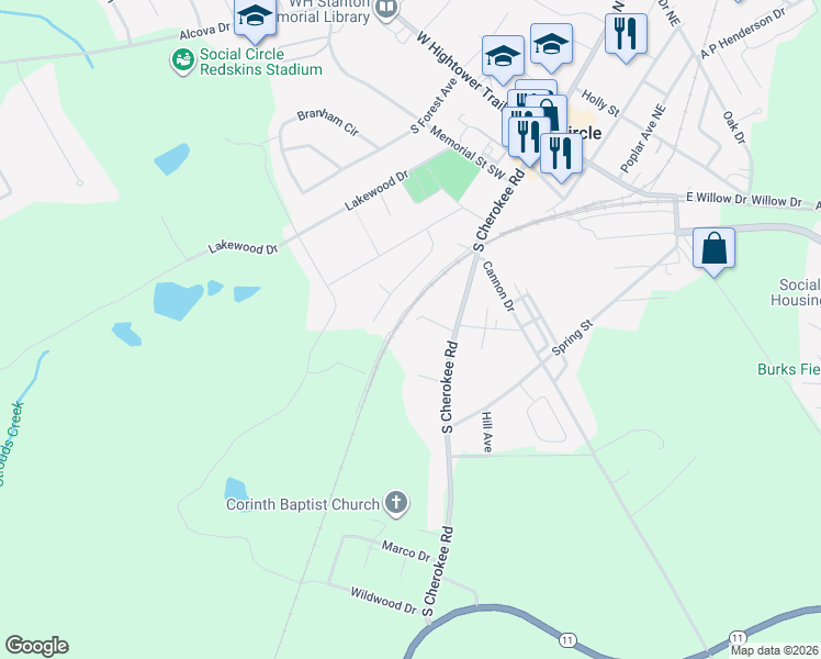map of restaurants, bars, coffee shops, grocery stores, and more near 125 Ash Street in Social Circle