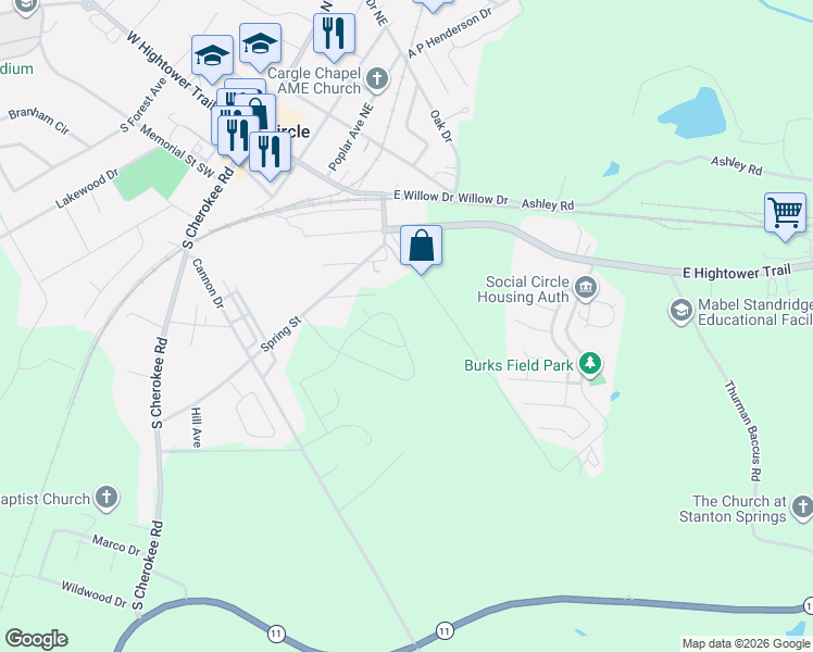 map of restaurants, bars, coffee shops, grocery stores, and more near 713 Vine Circle in Social Circle