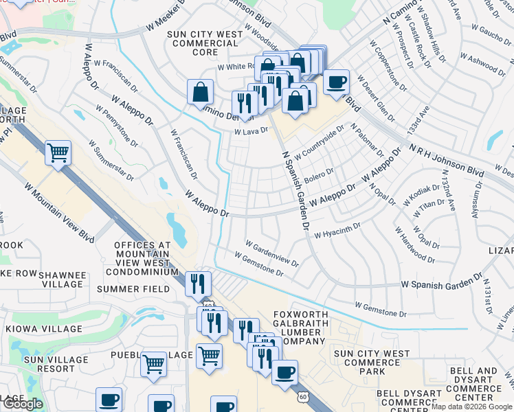 map of restaurants, bars, coffee shops, grocery stores, and more near 13634 West Aleppo Drive in Sun City West