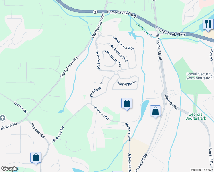 map of restaurants, bars, coffee shops, grocery stores, and more near Lake Sanctuary Way in Atlanta