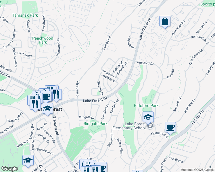 map of restaurants, bars, coffee shops, grocery stores, and more near 21561 Kenmare Drive in Lake Forest