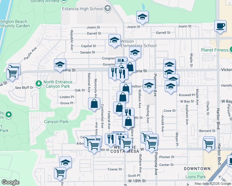 map of restaurants, bars, coffee shops, grocery stores, and more near 806 Brickyard Lane in Costa Mesa