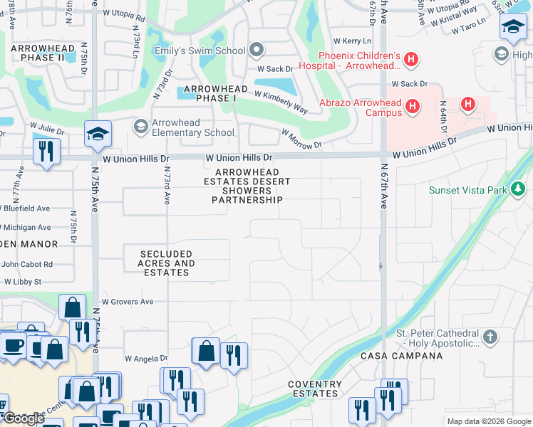 map of restaurants, bars, coffee shops, grocery stores, and more near 7031 West Fullam Street in Glendale