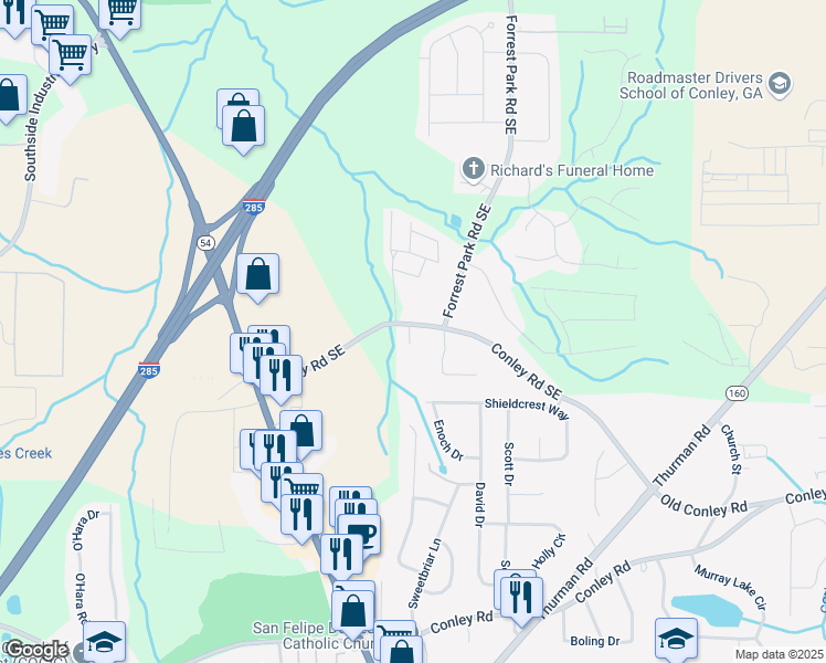 map of restaurants, bars, coffee shops, grocery stores, and more near 935 Conley Road Southeast in Atlanta