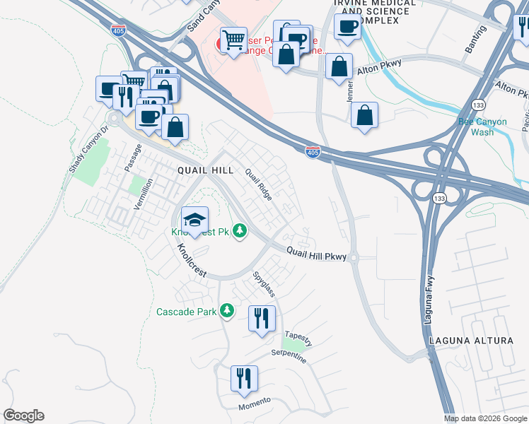 map of restaurants, bars, coffee shops, grocery stores, and more near 68 Reunion in Irvine