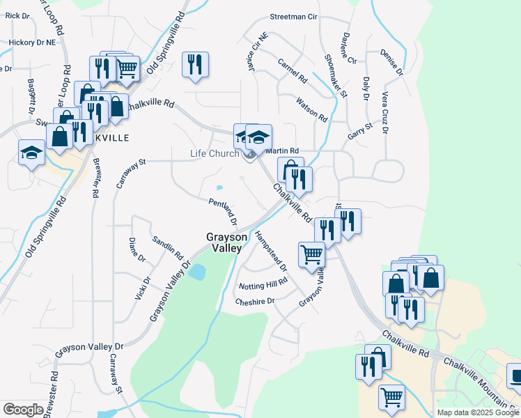 map of restaurants, bars, coffee shops, grocery stores, and more near 2304 Grayson Valley Drive in Birmingham