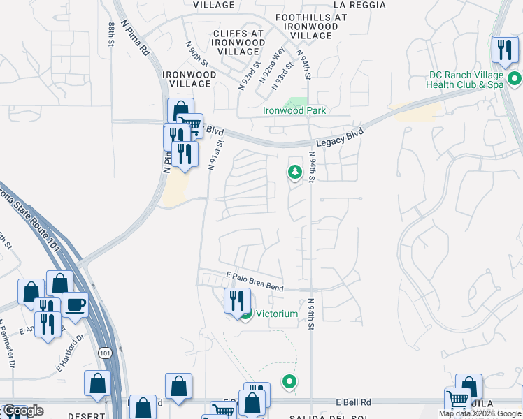 map of restaurants, bars, coffee shops, grocery stores, and more near 9273 East Canyon View Road in Scottsdale