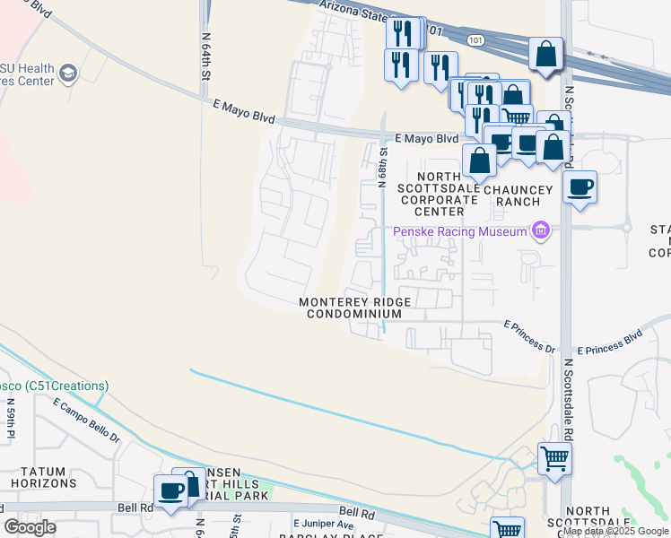 map of restaurants, bars, coffee shops, grocery stores, and more near 17950 North 68th Street in Phoenix