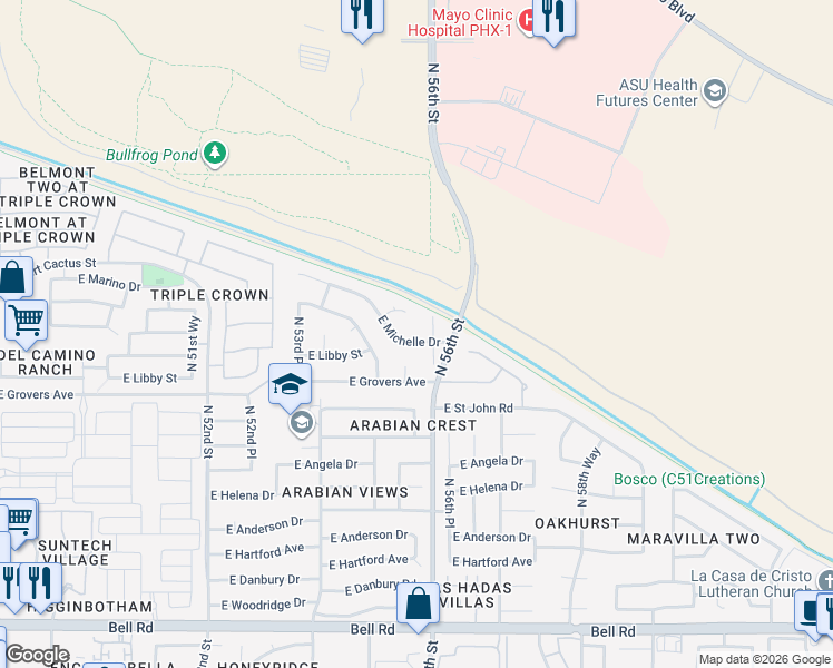 map of restaurants, bars, coffee shops, grocery stores, and more near 17826 North 56th Street in Scottsdale