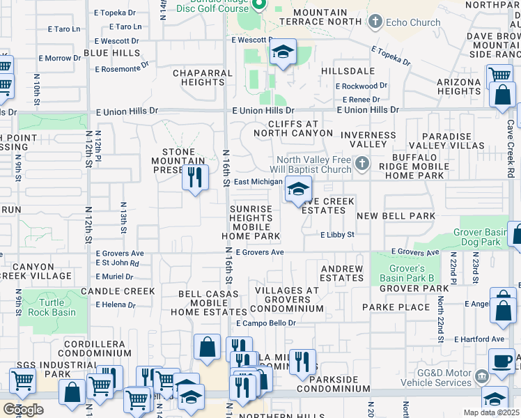 map of restaurants, bars, coffee shops, grocery stores, and more near 1635 East John Cabot Road in Phoenix