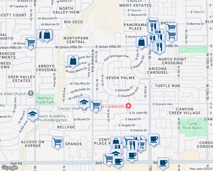 map of restaurants, bars, coffee shops, grocery stores, and more near 18013 North 1st Place in Phoenix