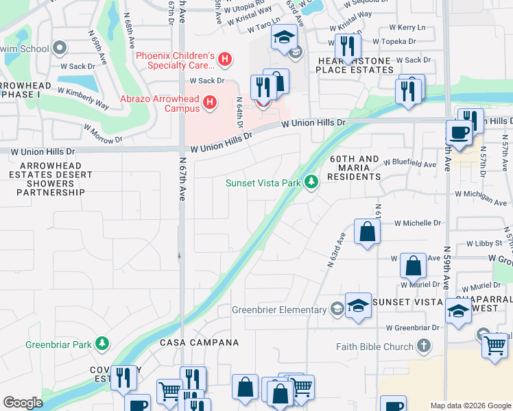 map of restaurants, bars, coffee shops, grocery stores, and more near 18155 North 64th Drive in Glendale