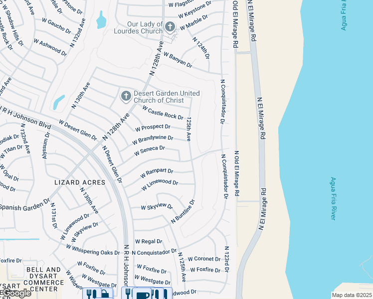 map of restaurants, bars, coffee shops, grocery stores, and more near 18210 125th Avenue in Sun City West