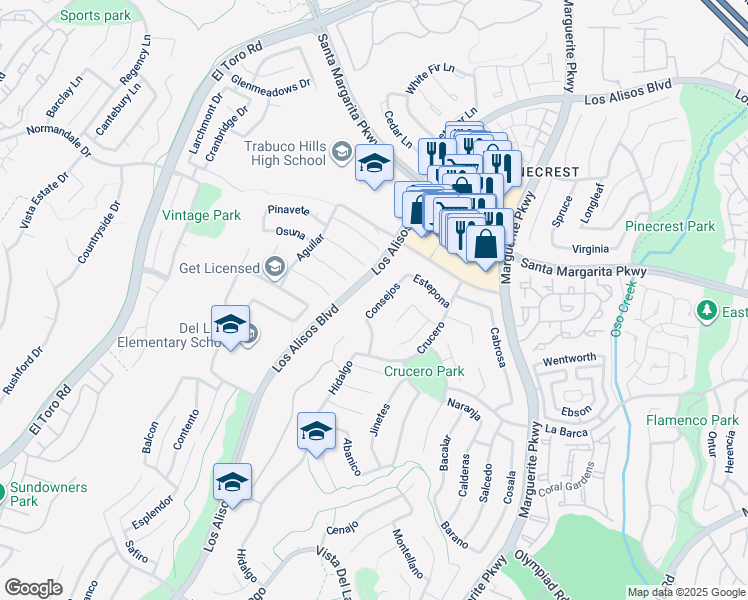 map of restaurants, bars, coffee shops, grocery stores, and more near 27625 Soltero in Mission Viejo
