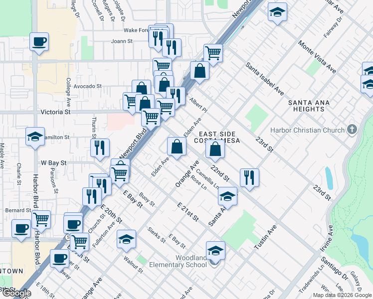 map of restaurants, bars, coffee shops, grocery stores, and more near 177 22nd Street in Costa Mesa