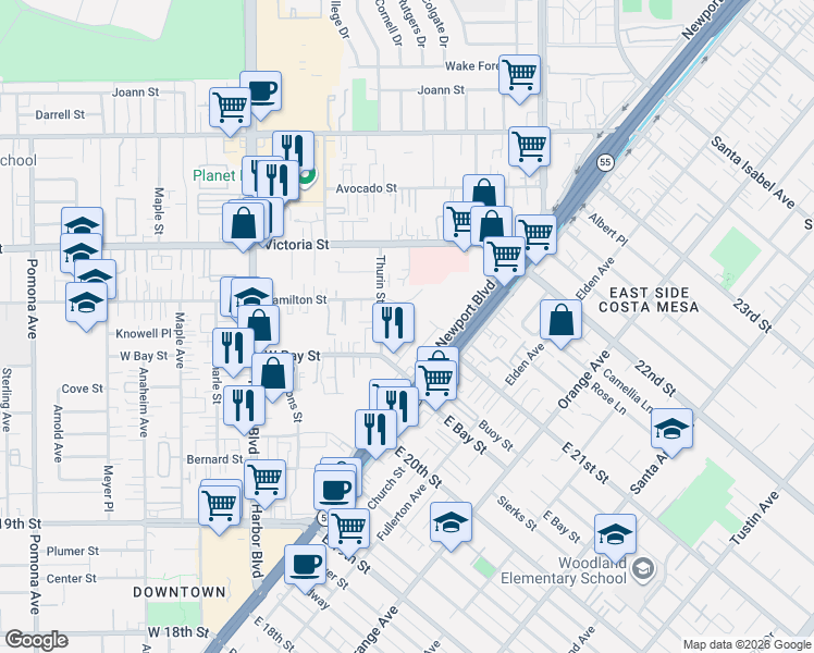 map of restaurants, bars, coffee shops, grocery stores, and more near 350 Gulf Stream Way in Costa Mesa