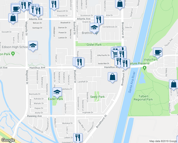 map of restaurants, bars, coffee shops, grocery stores, and more near 9621 Clearbrook Drive in Huntington Beach