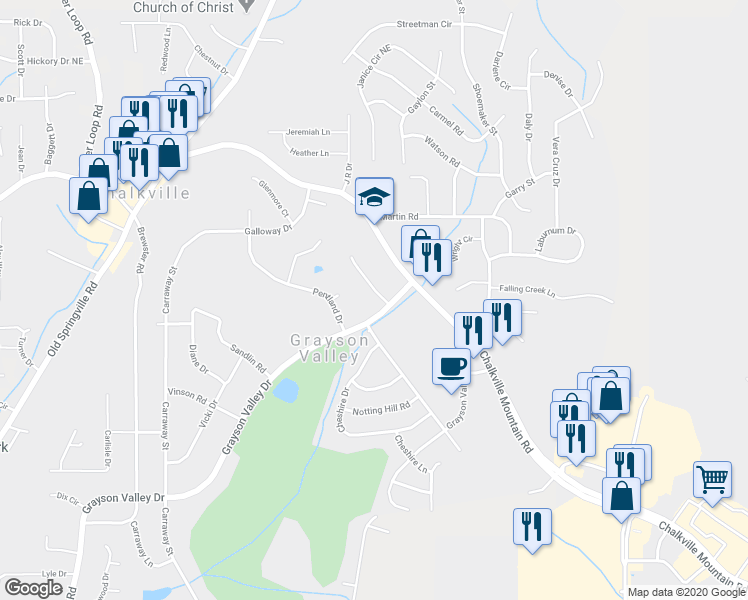 map of restaurants, bars, coffee shops, grocery stores, and more near 2304 Grayson Valley Drive in Birmingham