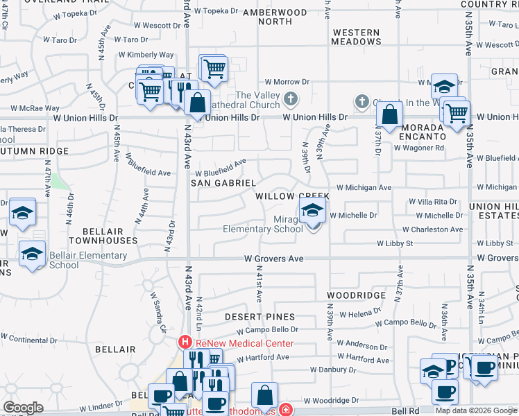map of restaurants, bars, coffee shops, grocery stores, and more near 18002 North 41st Avenue in Glendale
