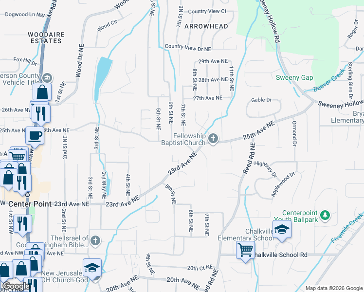 map of restaurants, bars, coffee shops, grocery stores, and more near 705 25th Avenue Northeast in Center Point