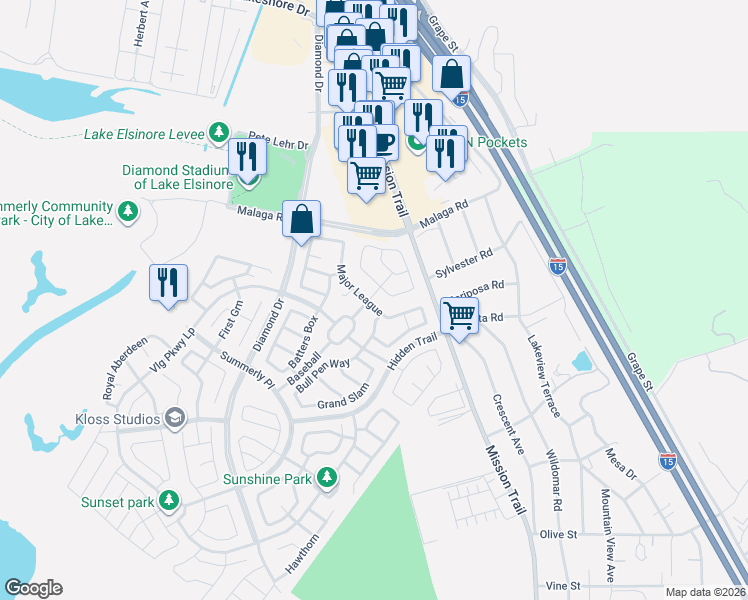 map of restaurants, bars, coffee shops, grocery stores, and more near 29510 Major League in Lake Elsinore