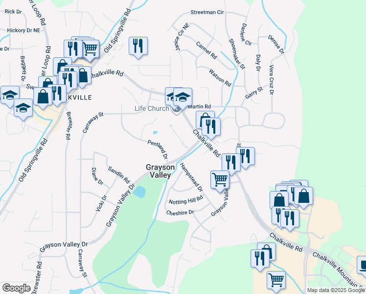 map of restaurants, bars, coffee shops, grocery stores, and more near 2316 Grayson Valley Circle in Birmingham