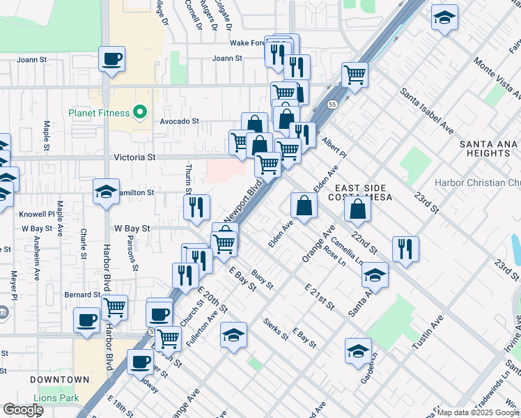 map of restaurants, bars, coffee shops, grocery stores, and more near 2150 Newport Boulevard in Costa Mesa