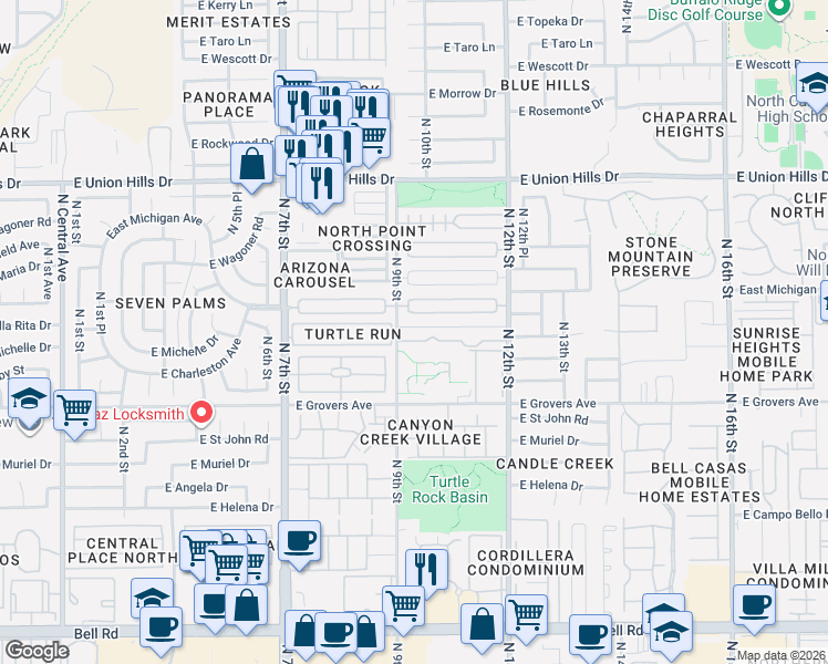 map of restaurants, bars, coffee shops, grocery stores, and more near 909 East Charleston Avenue in Phoenix