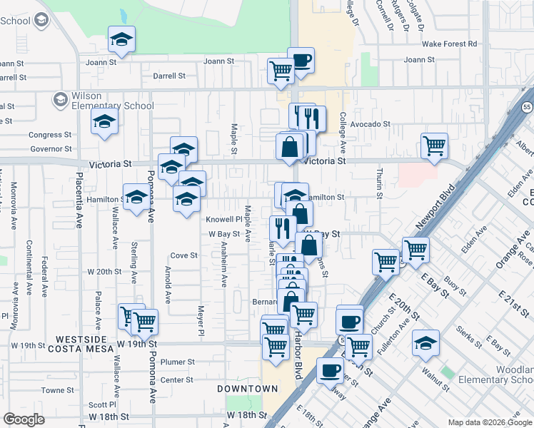 map of restaurants, bars, coffee shops, grocery stores, and more near 2077 Charle Street in Costa Mesa