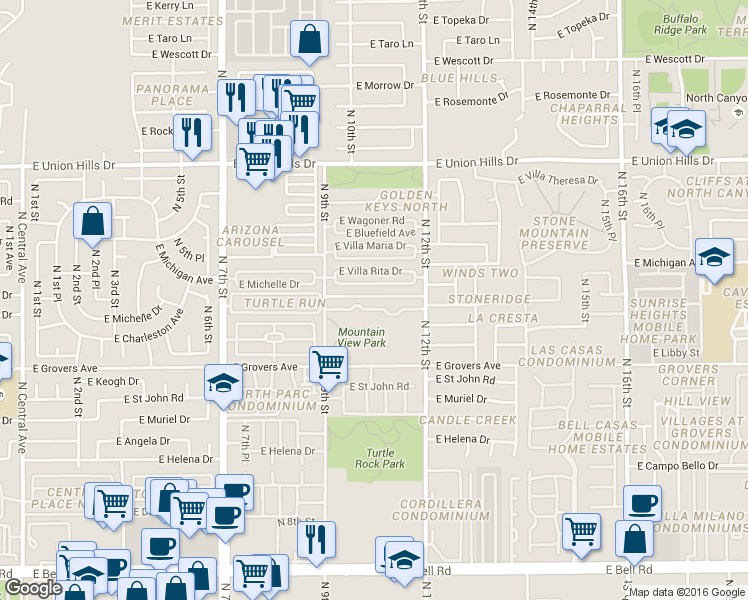 map of restaurants, bars, coffee shops, grocery stores, and more near 1013 East Charleston Avenue in Phoenix
