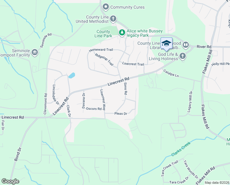 map of restaurants, bars, coffee shops, grocery stores, and more near 3595 Linecrest Road in Ellenwood