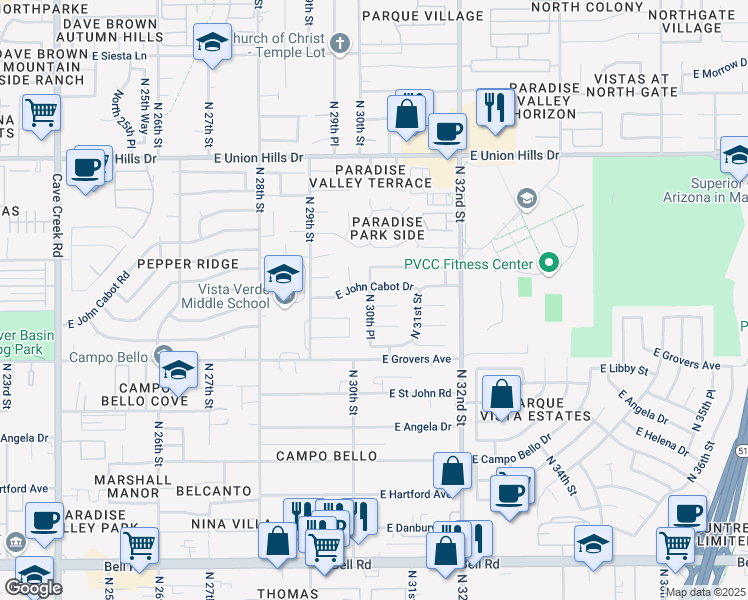 map of restaurants, bars, coffee shops, grocery stores, and more near 3019 East Charleston Avenue in Phoenix