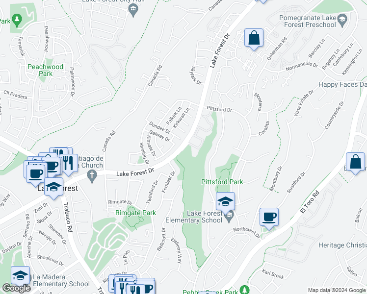 map of restaurants, bars, coffee shops, grocery stores, and more near 21516 Lake Forest Drive in Lake Forest