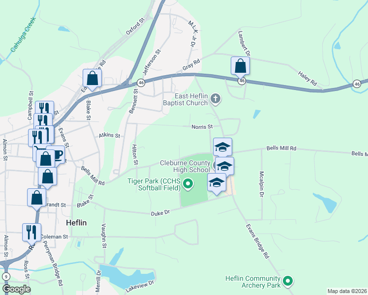 map of restaurants, bars, coffee shops, grocery stores, and more near 60 Watson Circle in Heflin