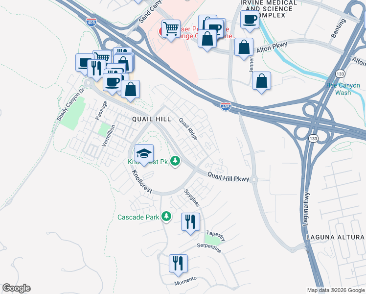 map of restaurants, bars, coffee shops, grocery stores, and more near 96 Reunion in Irvine