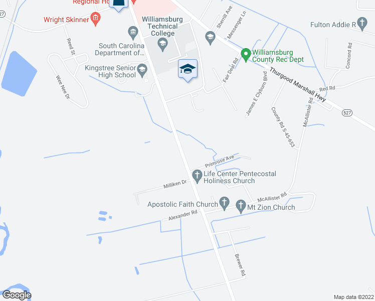 map of restaurants, bars, coffee shops, grocery stores, and more near 2045 Martin Luther King Junior Avenue in Kingstree