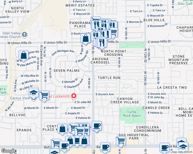 map of restaurants, bars, coffee shops, grocery stores, and more near 714 East Morningside Drive in Phoenix