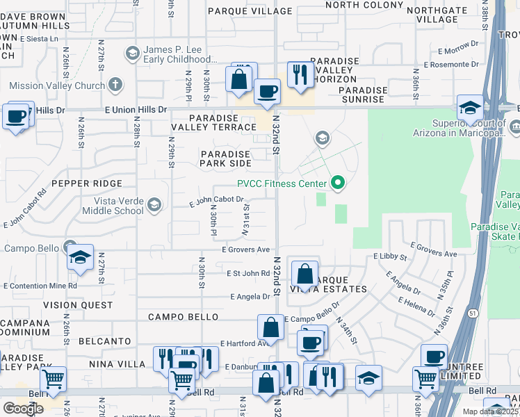 map of restaurants, bars, coffee shops, grocery stores, and more near 3141 East Charleston Avenue in Phoenix