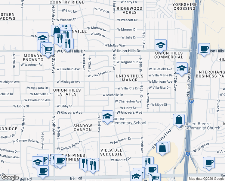 map of restaurants, bars, coffee shops, grocery stores, and more near 18001 North 31st Drive in Phoenix
